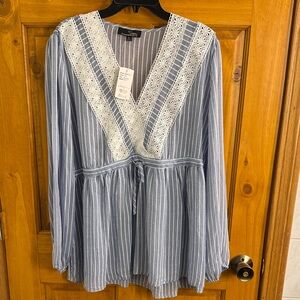 Suzanne Betro Blue Striped Blouse with Lace Detail